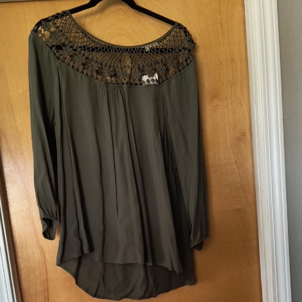 Olive Green Women's Top with Crochet Detail